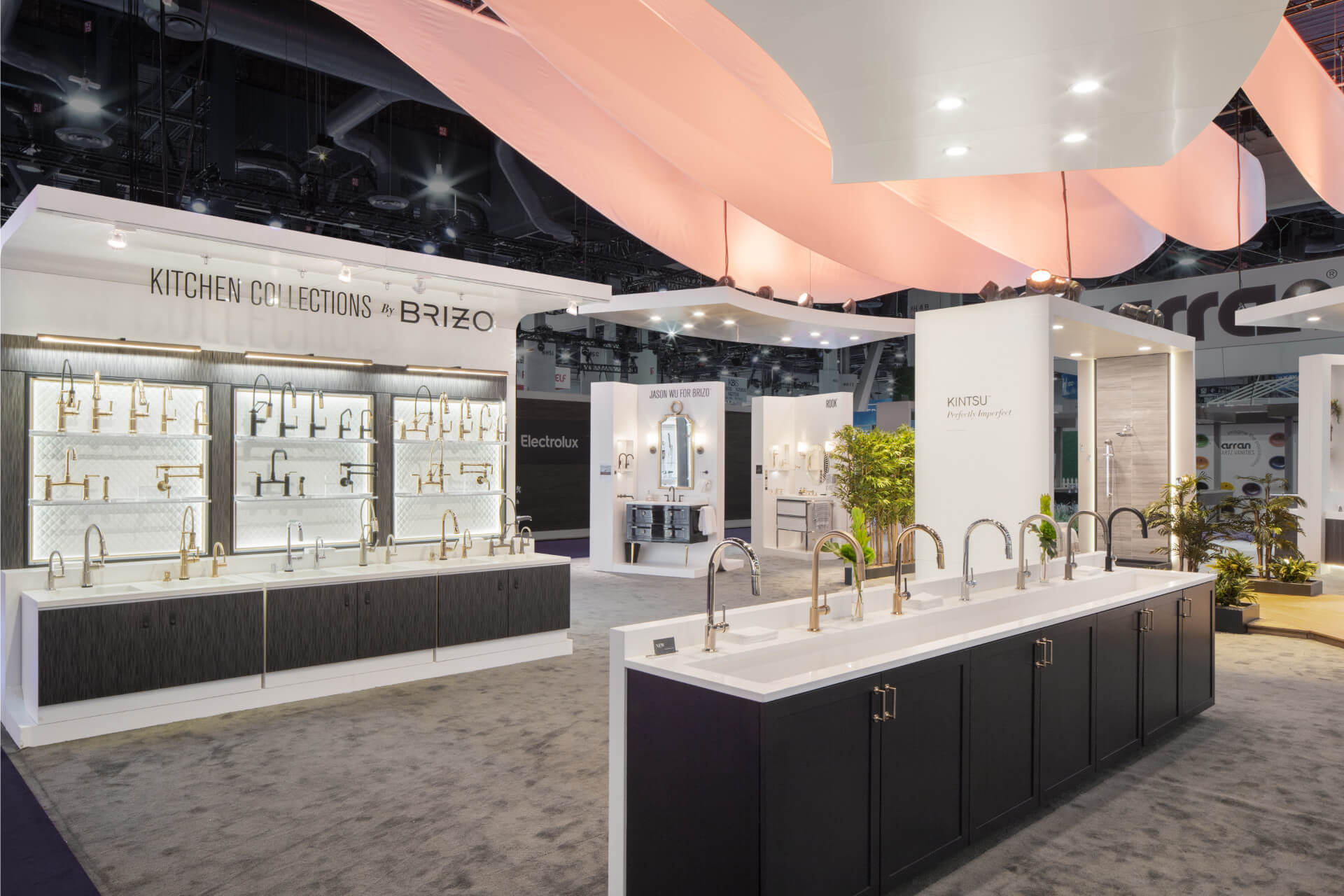 Brizo trade show exhibit at KBIS merchandising displays with bright lights
