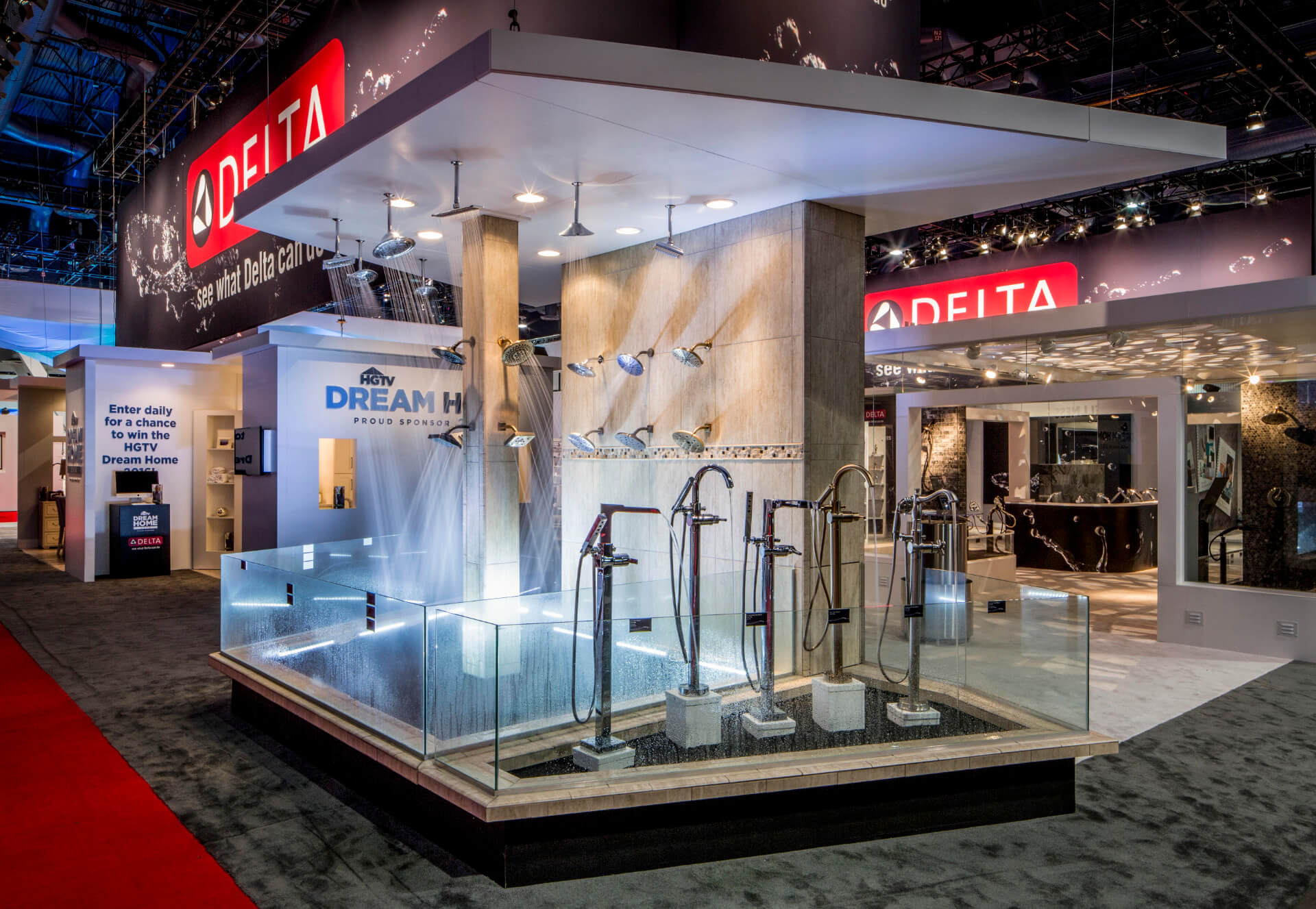 Delta trade show exhibit with multiple show heads with water