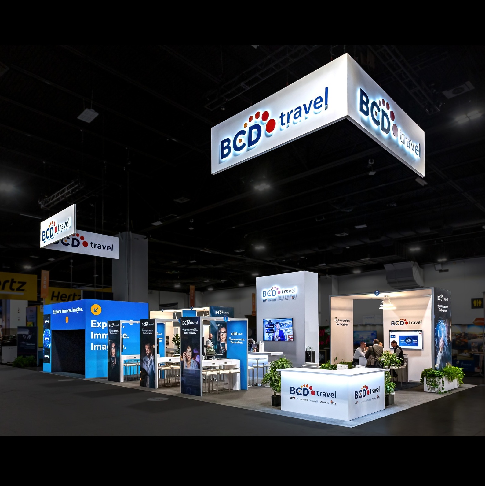 BCD Travel 30x60 trade show exhibit at GBTA 2025 - reception corner featured