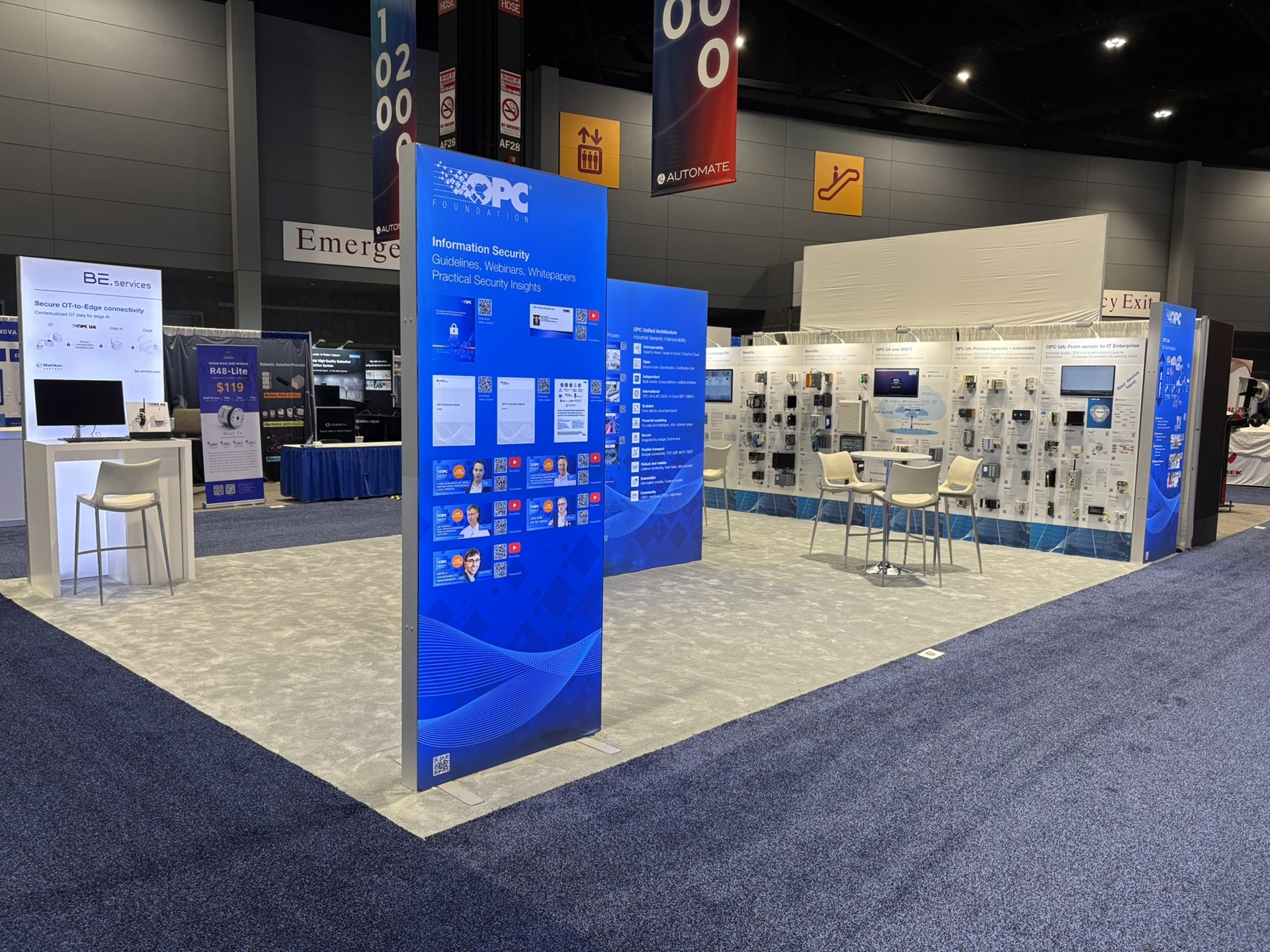OPC Foundation custom trade show exhibit at Automate 2026 in McCormick Place in Chicago - tower corner from aisle